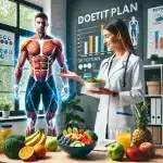 DALL·E 2024-07-05 13.54.13 – A dynamic scene featuring a dietitian in Katowice, Poland, optimizing a diet plan to enhance physical performance. The setting is a modern clinic with