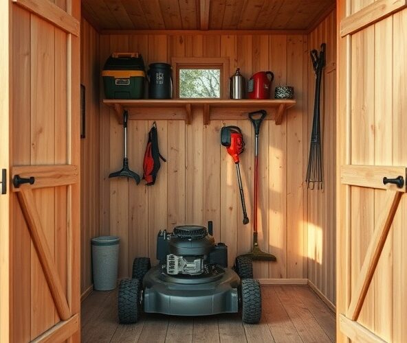 Czy domek drewniany 3×2 pomieści kosiarkę i akcesoria?